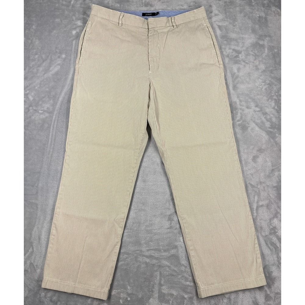 Vtg J.CREW Seersucker Striped Chino Pants Mens 32x30 Tan White Made in Hong Kong